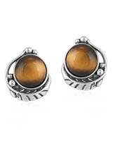 American West Jewelry Sterling Silver Tiger's Eye Gemstone Leaf Design Button Earrings