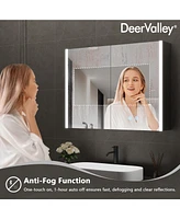 DeerValley Led Bathroom Mirror With Stepless Dimmable Wall Mirrors With Anti-Fog, Dimmer, Bluetooth Speaker, Double Doors,Memory Vanity Mirror With 3