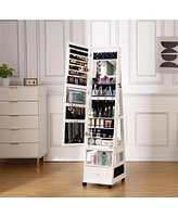 gaomon 360° Swivel Jewelry Armoire with Full Length Mirror, Led Vanity Mirror with Jewelry Storage Drawer, Shelf, Wheels, Freestanding Lockable J
