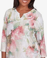 Alfred Dunner Women's Coming Up Roses Hydrangea Beaded Split Neck Top