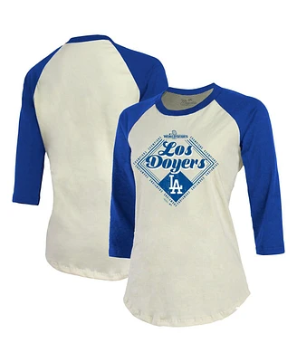 Majestic Women's Cream/Royal Los Angeles Dodgers 2024 World Series Champions Softhand 3/4-Sleeve Raglan T-Shirt