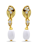 Macy Oval Freshwater Cultured Pearl Drop Cubic Zirconia Tulip Design Post Earrings
