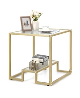 Gouun 22 Inch 2-Tier Square Sofa Side Table with Tempered Glass Tabletop
