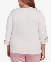 Alfred Dunner Plus Coming Up Roses Split Beaded Neck Embroidered Knit Top