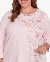 Alfred Dunner Plus Coming Up Roses Asymmetric Floral Embroidered Crew Neck Top