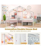 Gouun Double Twin Size Wooden Bed Frames with Built-in Table for Kids