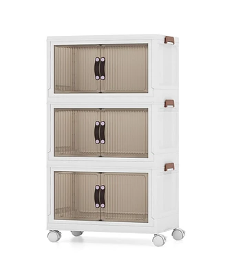 Gouun 3-Tier Stackable Storage Boxes Bins with Magnetic Doors and Lockable Casters