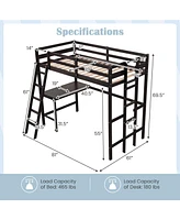 Twin Size Loft Bed Frame with Desk Angled and Built-in Ladder
