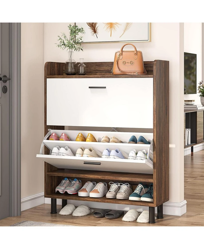 Tribesigns Shoe Cabinet, 2-Tier Shoe Storage Cabinet with Flip Doors, Vintage Entryway Shoe Organizer Rack with Open Shelves for Narrow Closet, Entryw