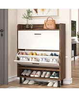 Tribesigns Shoe Cabinet, 2-Tier Shoe Storage Cabinet with Flip Doors, Vintage Entryway Shoe Organizer Rack with Open Shelves for Narrow Closet, Entryw