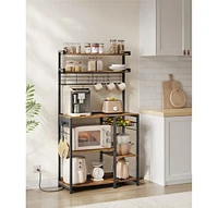 Slickblue Bakers Rack with Power Outlet – Microwave Stand & Coffee Bar with 4 Ac Outlets, Adjustable Shelves, 8 S-Hooks, Basket & Spice Racks