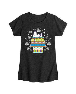 Peanuts Big Girls Snoopy Patterned House and Snowflakes Graphic Short Sleeve Tee