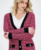 T Tahari Women's Check Contrast-Trim V-Neck Cardigan