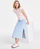 On 34th Womens Cable Knit Flutter Sleeve Sweater Split Seam Denim Midi Skirt Exclusively At Macys