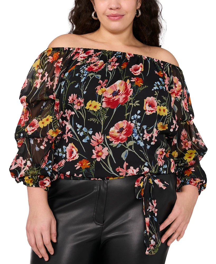 Vince Camuto Plus Floral Off The Shoulder Bubble Sleeve Tie Front Blouse