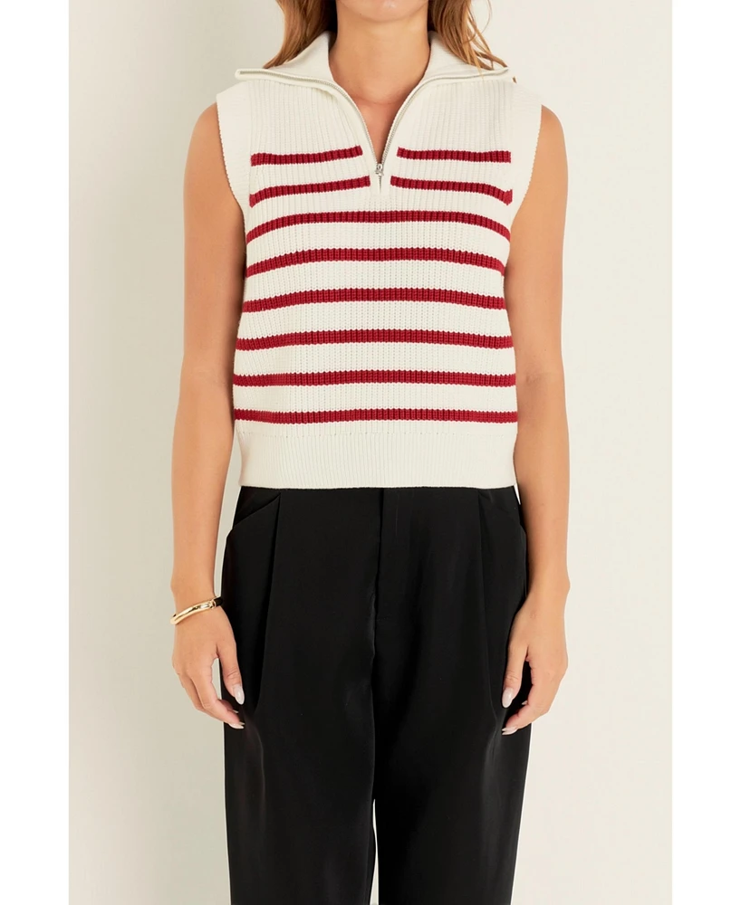 English Factory Women's Stripe Half Zip Up Sleeveless Knit Top