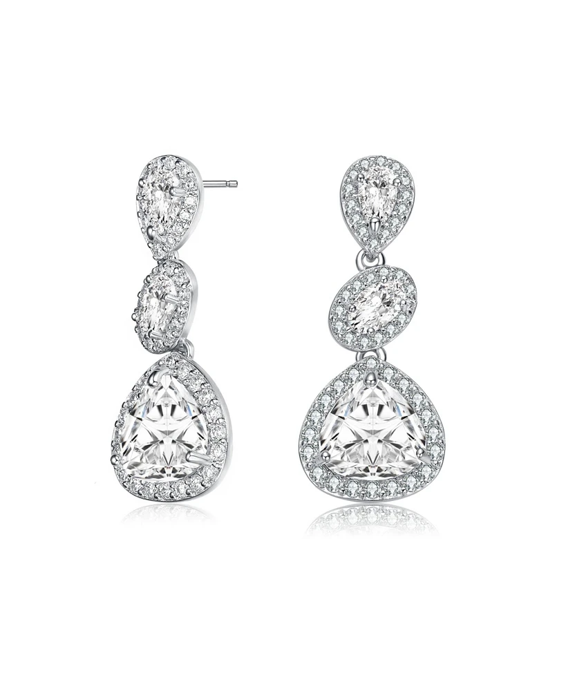 Genevive Sterling Silver White Gold Plated with Clear Pear, Oval & Round Cubic Zirconia Halo Three Tier Drop Earrings