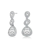 Genevive Sterling Silver White Gold Plated with Clear Pear, Oval & Round Cubic Zirconia Halo Three Tier Drop Earrings