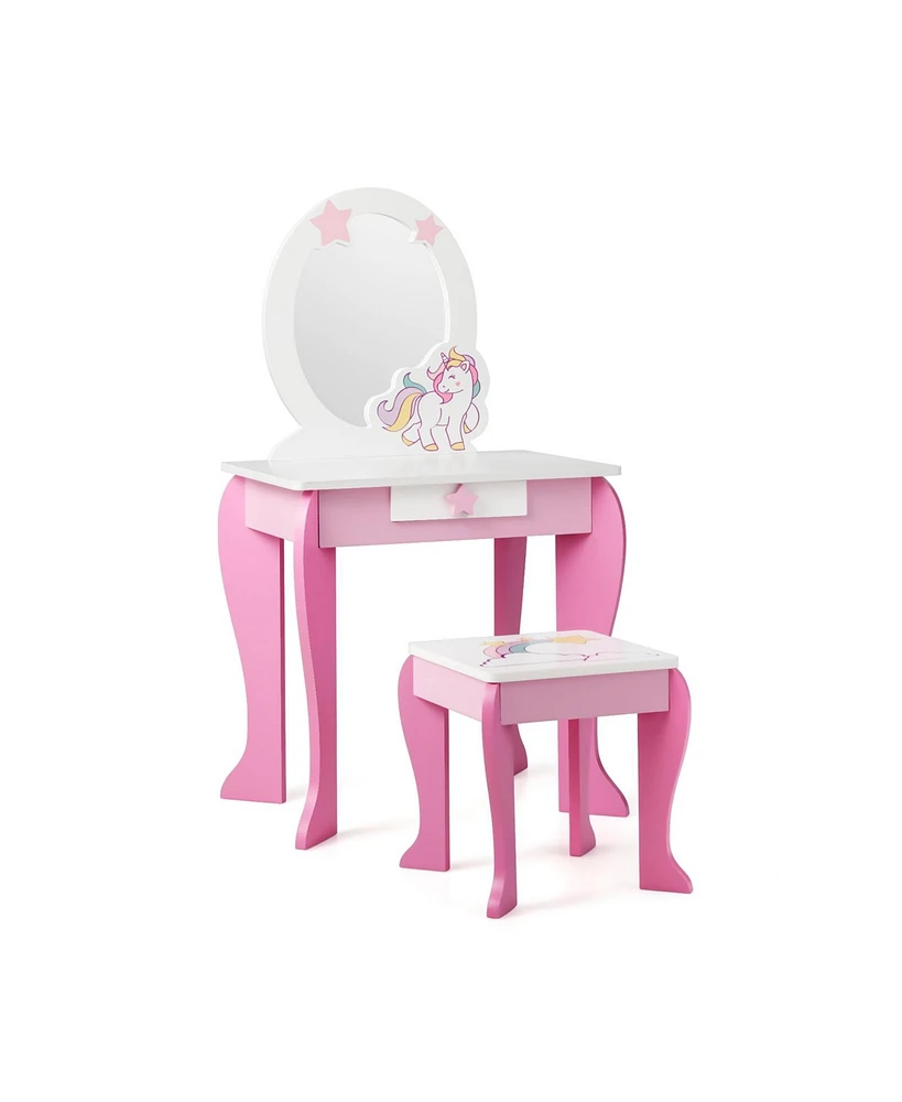 Gouun Kids Wooden Makeup Dressing Table and Chair Set with Mirror and Drawer