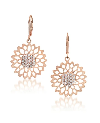 Genevive Sterling Silver 18K Rose Gold Plated with Clear Cubic Zirconia Flower Lace Dangle Earrings