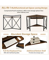 Gouun Space-Saving Corner Computer Desk with with Hutch and Keyboard Tray-Rust
