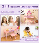 Gouun Kids Princess Vanity Table and Stool Set with Drawer and Mirror