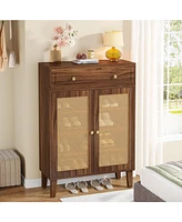 Tribesigns Shoe Cabinet with Doors and Drawer, Modern Shoe Storage Cabinet for Entryway, Rattan Shoes Cabinet with Adjustable Shelf, Wooden Shoe Organ