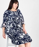 Connected Plus Ruched Side-Tab 3/4-Sleeve Dress