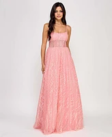 Say Yes Junors' Illusion-Front Lace-Up-Back Glitter Gown, Created for Macy's