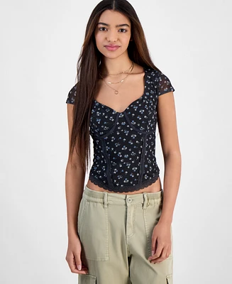 Hippie Rose Juniors' Corset Short-Sleeve Mesh Top