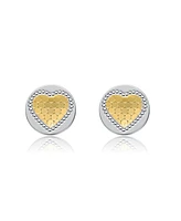 Rachel Glauber Two-Tone Heart Milgrain Medallion Round Stud Earrings in White Gold Plated or 14K Gold Plated