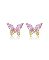 GiGiGirl 14k Gold Plated with Pink Cubic Zirconia Butterfly Stud Earrings