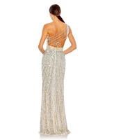 Mac Duggal Women's Sequined One Shoulder Draped Lace Up Gown