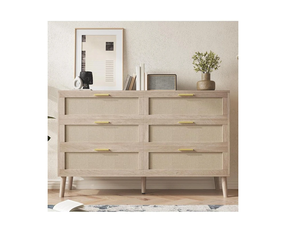gaomon 6 Drawer Rattan Dresser, 47.2" x 15.7" x 29.5" Rattan Chest of Dressers, Mid Century Modern Dresser for Closet with Handles, Large Table Top