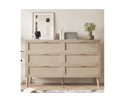 gaomon 6 Drawer Rattan Dresser, 47.2" x 15.7" x 29.5" Rattan Chest of Dressers, Mid Century Modern Dresser for Closet with Handles, Large Table Top