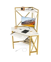 Gouun Space-Saving Corner Computer Desk with with Hutch and Keyboard Tray