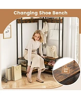 Gouun Corner Garment Rack with Open Shelves and 7 Hooks Shoe Bench