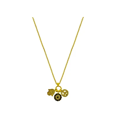 Etoielle Evil Eye Peace Sign Hamsa Gold Tone Charm Necklace Pave Cubic Zirconia