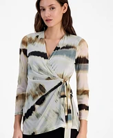 Anne Klein Women's Printed-Mesh 3/4-Sleeve Wrap Top
