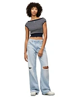 Tommy Jeans Womens Striped Off The Shoulder Sweater Mia Relaxed Straight Jeans