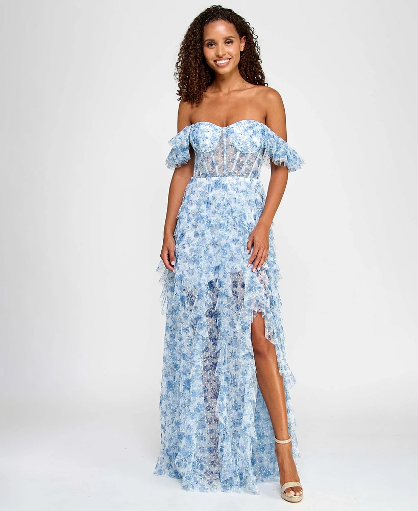 City Studios Juniors' Ruffled Off-The-Shoulder Corset Gown, Created for Macy's