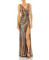 Mac Duggal Women's Metallic Ruched Detail Front Slip V Neck Gown