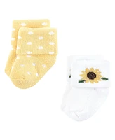 Hudson Baby Girls Cotton Rich Newborn and Terry Socks, Sunflower, 0-6 Months