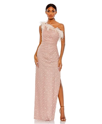 Mac Duggal Embellished One Shoulder Feathered Gown