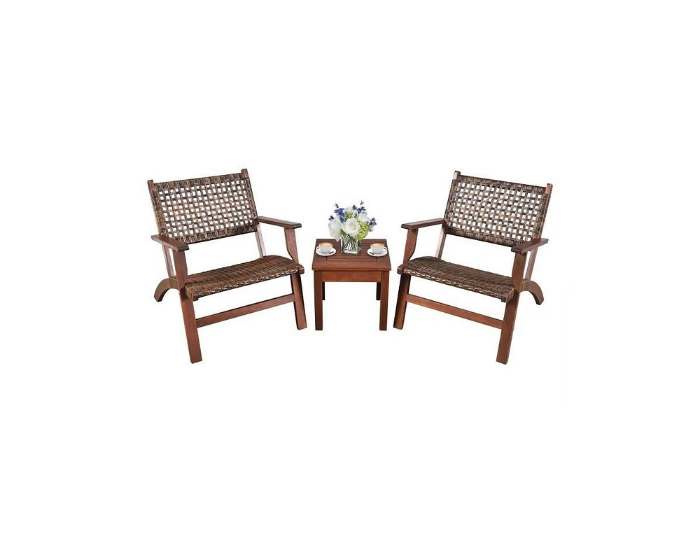 Slickblue 3 Piece Wooden Rattan Outdoor Patio Furniture Chair Table Bistro Set