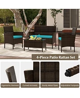Gymax 4 Piece Patio Rattan Conversation Set Wicker Furniture Set w/ Chair Loveseat Outdoor