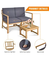 Gymax 3 in 1 Acacia Wood Furniture Set Patio Outdoor w/ Cushion Coffee Table