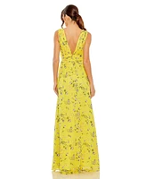 Mac Duggal Women's Floral Print V-Neck Ruched Gown