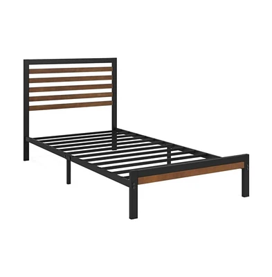 Slickblue Twin Metal Platform Bed Frame with Wood Slatted Headboard and Footboard for Stylish Support