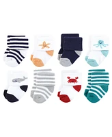 Hudson Baby Boys Cotton Rich Newborn and Terry Socks, Sea Characters, 0-6 Months